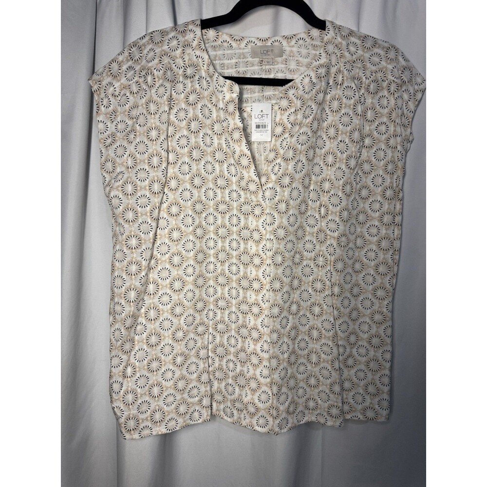 LOFT Outlet Beige/White/Black Geometric Split Neck Short Sleeve Blouse M, Breeze